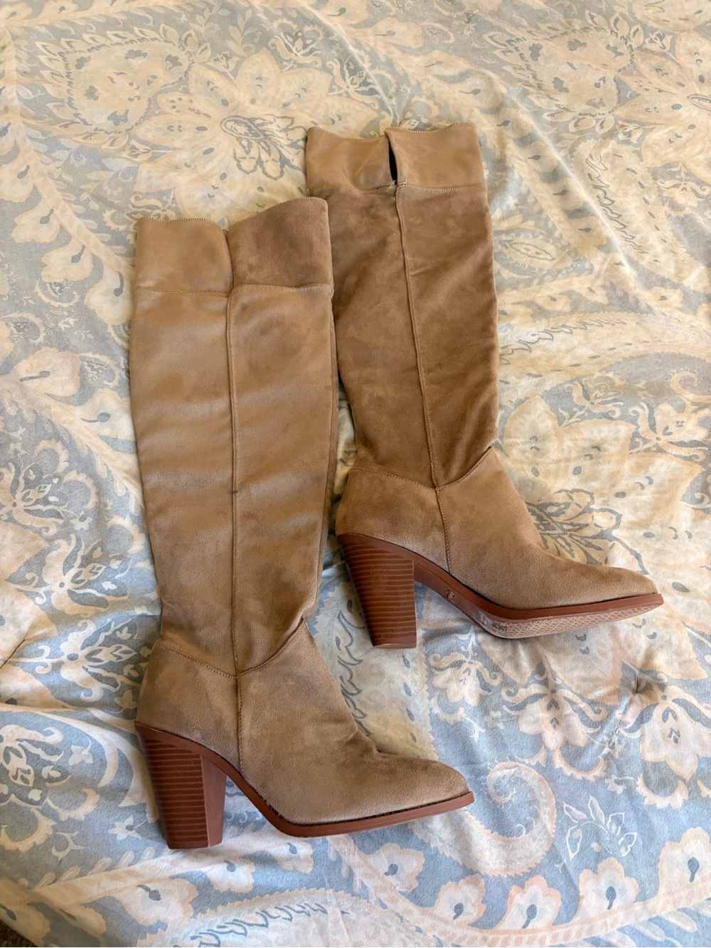 Qupid Taupe Over-the-Knee Suede Block Heel Boots